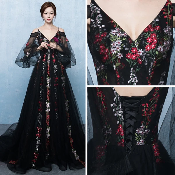 Chic / Belle Noire Robe De Bal 2017 Princesse Promo V-Cou Dentelle Bretelles croisées Appliques Dos Nu Robe De Ceremonie