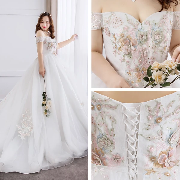 Schöne Weiß Übergröße Brautkleider / Hochzeitskleider 2019 A Linie Tülle Applikationen Rückenfreies Strass Bandeau Kapelle-Schleppe Hochzeit