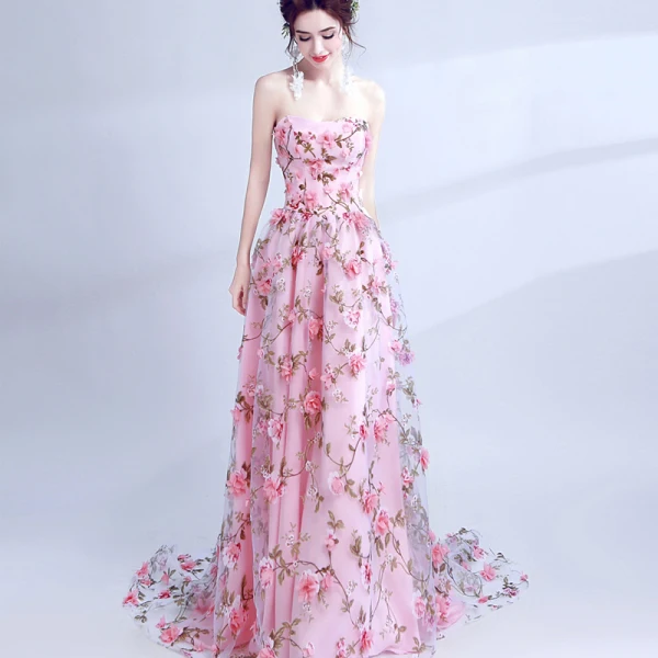 Chic / Beautiful Candy Pink Evening Dresses 2017 A-Line / Princess Strapless Court Train Lace Appliques Backless Printing Evening Party Prom Dresses