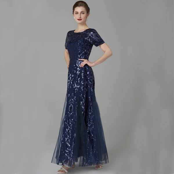 Chic / Beautiful Navy Blue Mother Of The Bride Dresses 2020 A-Line / Princess U-Neck Floor-Length / Long Short Sleeve Backless Beading Sequins Wedding Evening Party Wedding Party Dresses