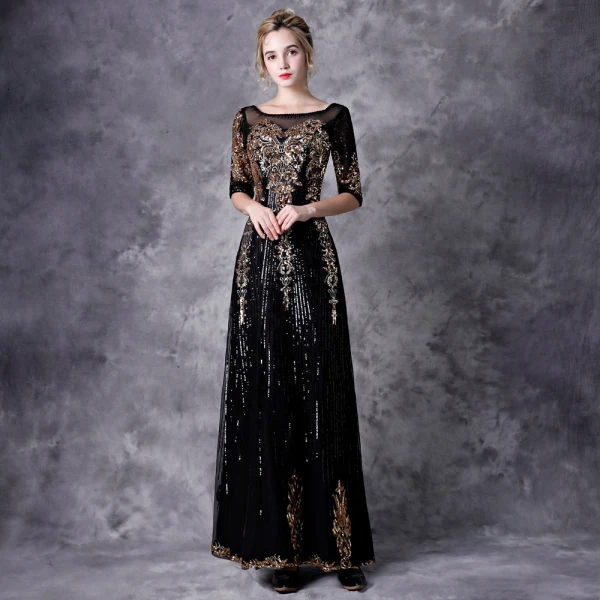 Vintage / Retro Black Evening Dresses 2021 A-Line / Princess 1/2 Sleeves Square Neckline Floor-Length / Long Beading Sequins Appliques Tulle Evening Party Formal Dresses