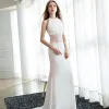 Modern / Fashion Red Evening Dresses  2018 Trumpet / Mermaid Floor-Length / Long Tulle High Neck Appliques Backless Evening Party Formal Dresses