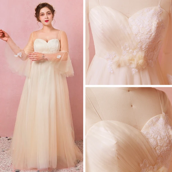 Modern / Fashion Champagne Plus Size Evening Dresses 2018 A-Line / Princess V-Neck Lace-up Tulle Appliques Backless Summer Long Sleeve Prom Evening Party Formal Dresses