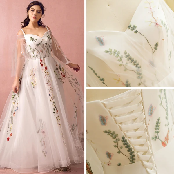 Flower Fairy White Plus Size Prom Dresses 2018 A-Line Princess V-Neck Tulle Backless