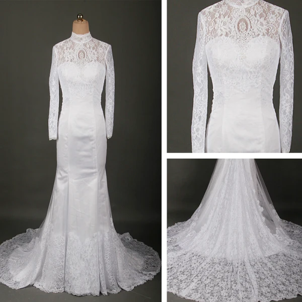 Luxe Ivoire Chapel Train Mariage 2018 Lacer Manches Longues Transparentes Appliques Dos Nu Percé Col Haut Trompette / Sirène Robe De Mariée