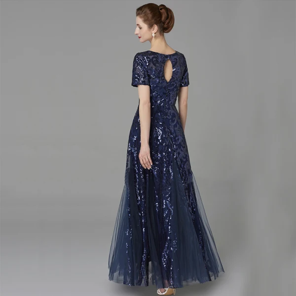 Chic / Beautiful Navy Blue Mother Of The Bride Dresses 2020 A-Line / Princess U-Neck Floor-Length / Long Short Sleeve Backless Beading Sequins Wedding Evening Party Wedding Party Dresses
