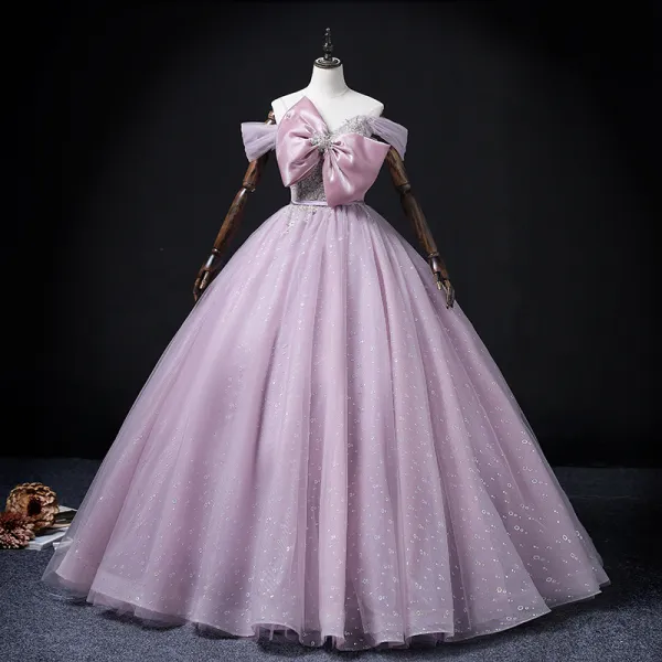 Sequin Tulle Pink Off The Shoulder Bow Prom Dress