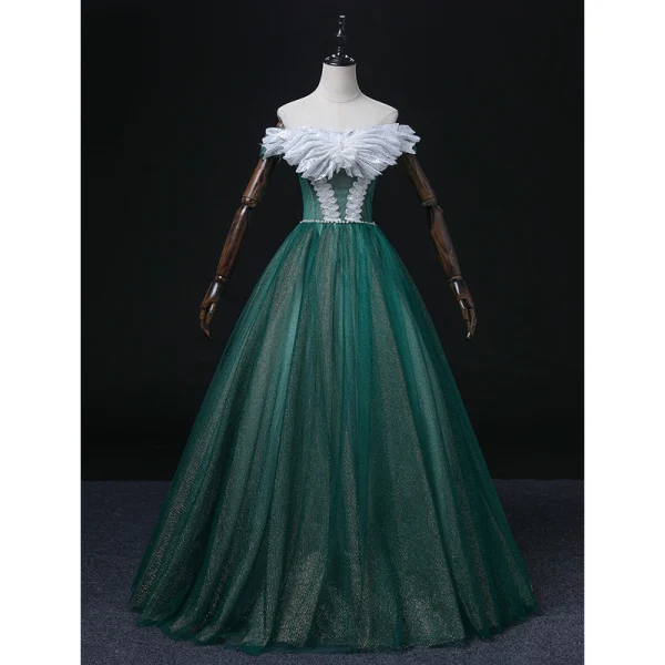 Elegant Dark Green Beading Pearl Sequins Prom Dresses 2022 Ball Gown Off-The-Shoulder Sleeveless Backless Rhinestone Floor-Length / Long Formal Dresses