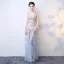 Sexy Bleu Ciel Transparentes Robe De Soirée 2018 Princesse V-Cou Sans Manches Appliques Fleur Faux Diamant Longue Volants Dos Nu Robe De Ceremonie
