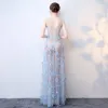 Sexy Sky Blue See-through Evening Dresses  2018 A-Line / Princess V-Neck Sleeveless Appliques Flower Rhinestone Floor-Length / Long Ruffle Backless Formal Dresses