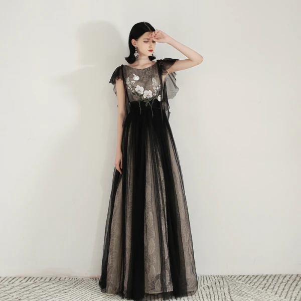 Chic / Beautiful Black Evening Dresses  2020 A-Line / Princess Scoop Neck Sleeveless Appliques Lace Floor-Length / Long Ruffle Backless Formal Dresses