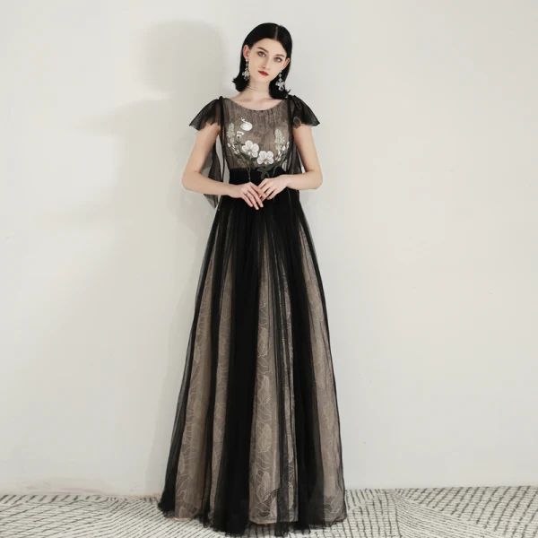 Chic / Beautiful Black Evening Dresses  2020 A-Line / Princess Scoop Neck Sleeveless Appliques Lace Floor-Length / Long Ruffle Backless Formal Dresses