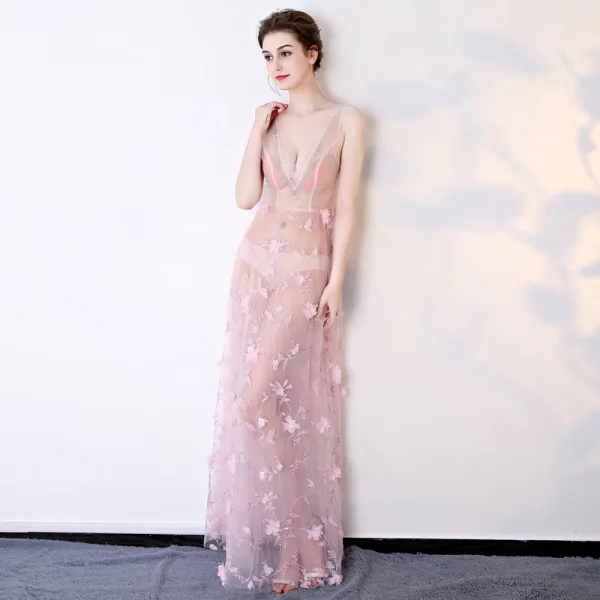 Sexy Bleu Ciel Transparentes Robe De Soirée 2018 Princesse V-Cou Sans Manches Appliques Fleur Faux Diamant Longue Volants Dos Nu Robe De Ceremonie