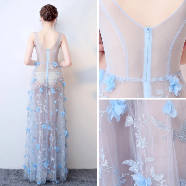 Sexy Bleu Ciel Transparentes Robe De Soirée 2018 Princesse V-Cou Sans Manches Appliques Fleur Faux Diamant Longue Volants Dos Nu Robe De Ceremonie