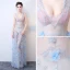 Sexy Bleu Ciel Transparentes Robe De Soirée 2018 Princesse V-Cou Sans Manches Appliques Fleur Faux Diamant Longue Volants Dos Nu Robe De Ceremonie