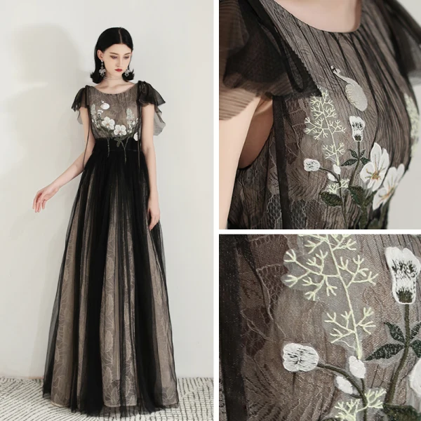 Chic / Beautiful Black Evening Dresses  2020 A-Line / Princess Scoop Neck Sleeveless Appliques Lace Floor-Length / Long Ruffle Backless Formal Dresses