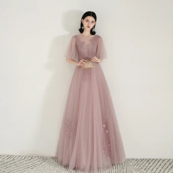 Chic Beautiful Pearl Pink See Through Evening Dresses 2020 A Line Princess Square Neckline 1 2 Sleeves Appliques Lace Floor Length Long Ruffle Backless Formal Dresses