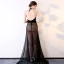 Sexy Schwarz Chiffon Durchsichtige Abendkleider 2018 A Linie Neckholder Ärmellos Stoffgürtel Sweep / Pinsel Zug Rüschen Rückenfreies Festliche Kleider