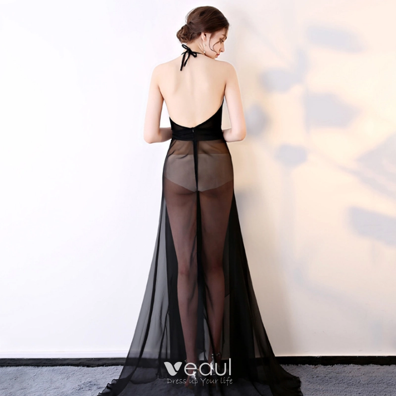 Sexy Black Chiffon See Through Evening Dresses 2018 A Line Princess Halter  Sleeveless Sash Sweep Train Ruffle Backless Formal Dresses