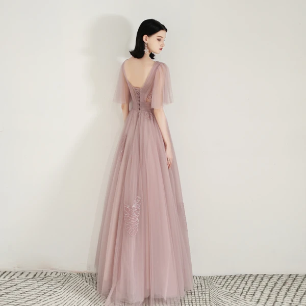 Snygga / Fina Pärla Rosa Genomskinliga Aftonklänningar 2020 Prinsessa Fyrkantig Ringning 1/2 ärm Appliqués Spets Långa Ruffle Halterneck Formella Klänningar