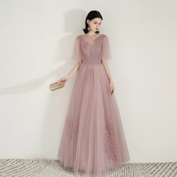 Snygga / Fina Pärla Rosa Genomskinliga Aftonklänningar 2020 Prinsessa Fyrkantig Ringning 1/2 ärm Appliqués Spets Långa Ruffle Halterneck Formella Klänningar
