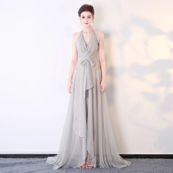 Sexy Schwarz Chiffon Durchsichtige Abendkleider 2018 A Linie Neckholder Ärmellos Stoffgürtel Sweep / Pinsel Zug Rüschen Rückenfreies Festliche Kleider
