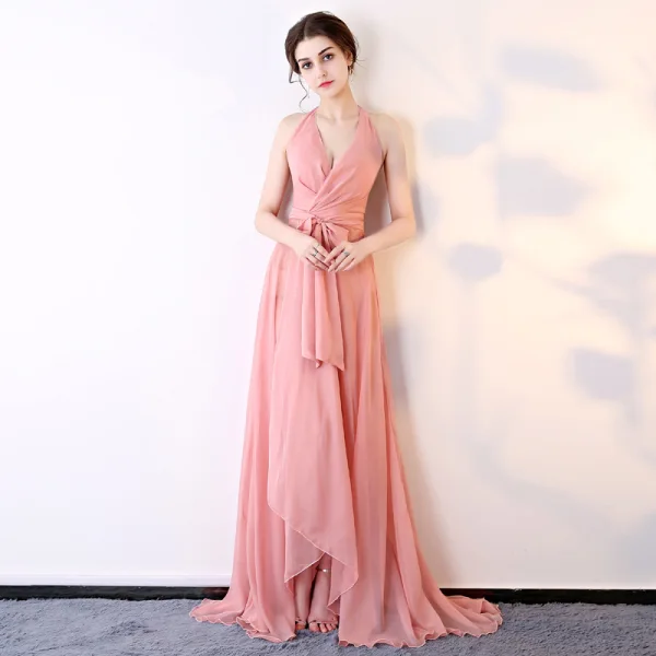 Sexy Schwarz Chiffon Durchsichtige Abendkleider 2018 A Linie Neckholder Ärmellos Stoffgürtel Sweep / Pinsel Zug Rüschen Rückenfreies Festliche Kleider
