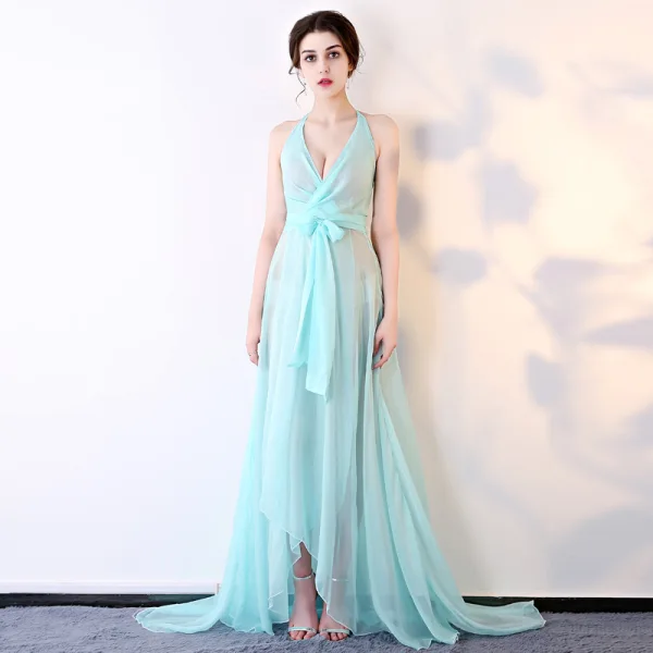 Sexy Schwarz Chiffon Durchsichtige Abendkleider 2018 A Linie Neckholder Ärmellos Stoffgürtel Sweep / Pinsel Zug Rüschen Rückenfreies Festliche Kleider