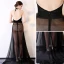 Sexy Schwarz Chiffon Durchsichtige Abendkleider 2018 A Linie Neckholder Ärmellos Stoffgürtel Sweep / Pinsel Zug Rüschen Rückenfreies Festliche Kleider