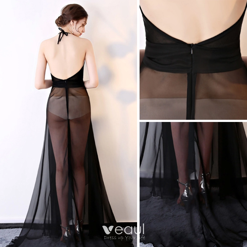 Sexy Black Chiffon See Through Evening Dresses 2018 A Line Princess Halter Sleeveless Sash Sweep Train Ruffle Backless Formal Dresses Sexy Black Chiffon See Through Evening Dresses 2018 A Line Princess Halter Sleeveless Sash Sweep Train Ruffle Backless Formal Dresses