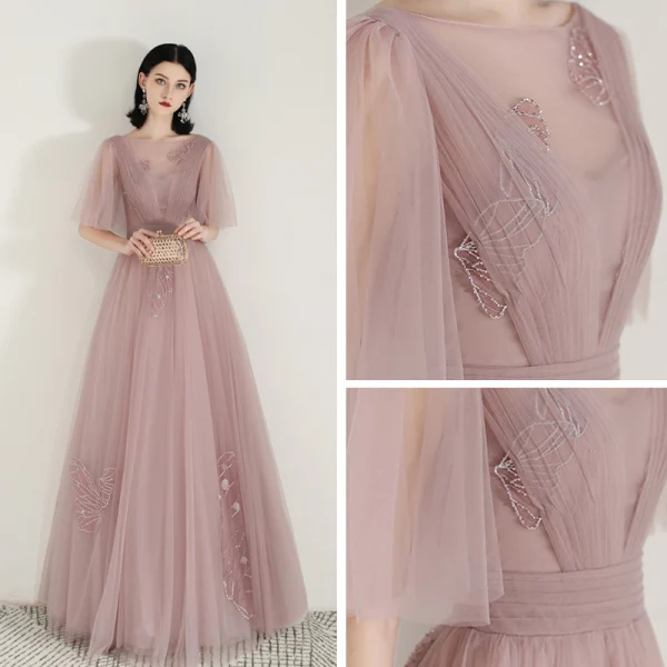 Snygga / Fina Pärla Rosa Genomskinliga Aftonklänningar 2020 Prinsessa Fyrkantig Ringning 1/2 ärm Appliqués Spets Långa Ruffle Halterneck Formella Klänningar