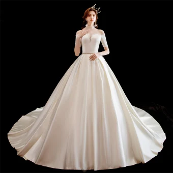 Chic Belle Ivoire Satin Robe De Mariée 2020 Princesse De L 039 Épaule Manches Courtes Dos Nu Perlage Ceinture Chapel Train