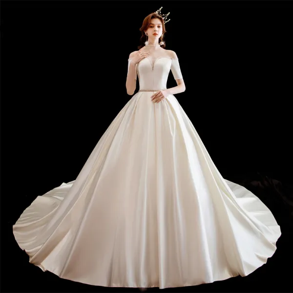 Chic / Beautiful Ivory Satin Wedding Dresses 2020 A-Line / Princess Off-The-Shoulder Short Sleeve Backless Beading Sash Chapel Train