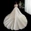 Schöne Ivory / Creme Satin Brautkleider / Hochzeitskleider 2020 A Linie Off Shoulder Kurze Ärmel Rückenfreies Perlenstickerei Stoffgürtel Kapelle-Schleppe