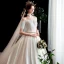 Schöne Ivory / Creme Satin Brautkleider / Hochzeitskleider 2020 A Linie Off Shoulder Kurze Ärmel Rückenfreies Perlenstickerei Stoffgürtel Kapelle-Schleppe