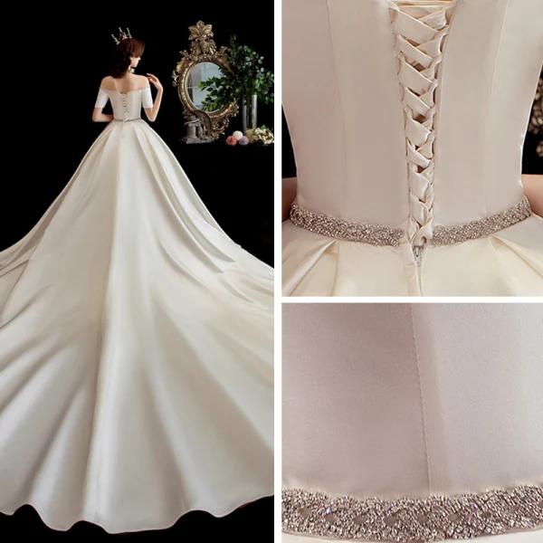 Schöne Ivory / Creme Satin Brautkleider / Hochzeitskleider 2020 A Linie Off Shoulder Kurze Ärmel Rückenfreies Perlenstickerei Stoffgürtel Kapelle-Schleppe