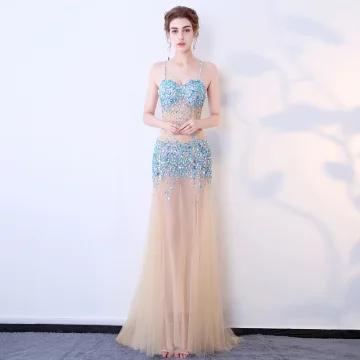 Sexy Champagne Doorzichtige Avondjurken 2018 A Lijn Spaghettibandjes Mouwloos Rhinestone Pailletten Sweep Trein Ruche Ruglooze Gelegenheid Jurken