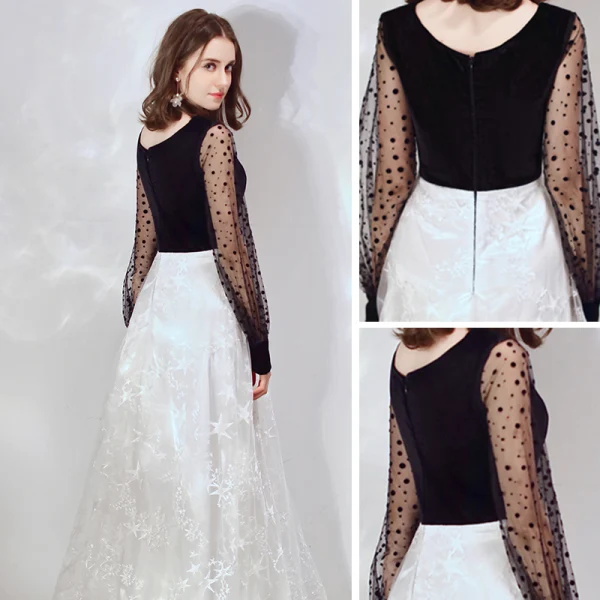 Affordable Black Evening Dresses 2020 A-Line / Princess V-Neck Puffy Long Sleeve Lace Appliques Spotted Tulle Floor-Length / Long Ruffle Backless Formal Dresses