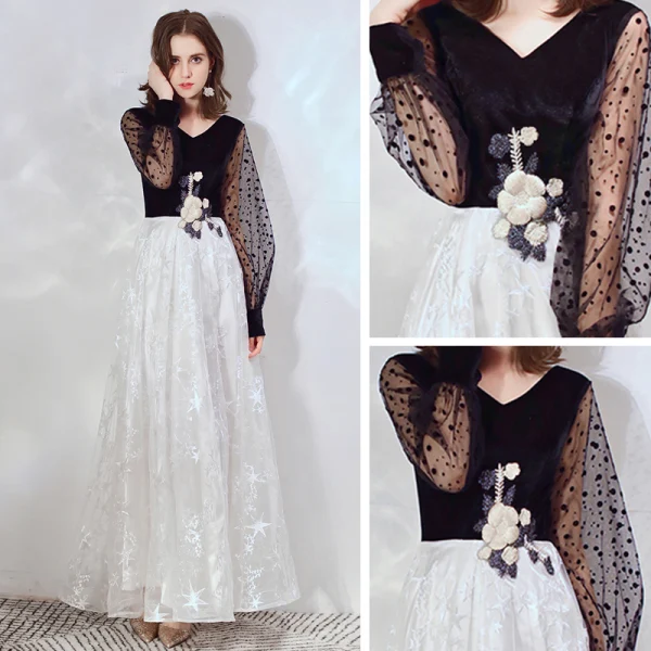 Affordable Black Evening Dresses 2020 A-Line / Princess V-Neck Puffy Long Sleeve Lace Appliques Spotted Tulle Floor-Length / Long Ruffle Backless Formal Dresses