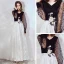 Affordable Black Evening Dresses  2020 A-Line / Princess V-Neck Puffy Long Sleeve Lace Appliques Spotted Tulle Floor-Length / Long Ruffle Backless Formal Dresses