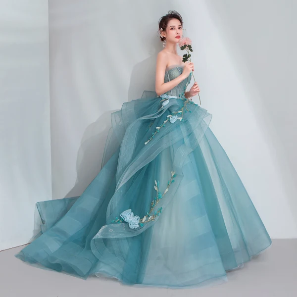 High-end Jade Green Prom Dresses 2020 Ball Gown Sweetheart Sleeveless  Appliques Lace Beading Sweep Train