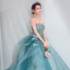 High-end Jade Green Prom Dresses 2020 Ball Gown Sweetheart Sleeveless Appliques Lace Beading Sweep Train Ruffle Backless Formal Dresses