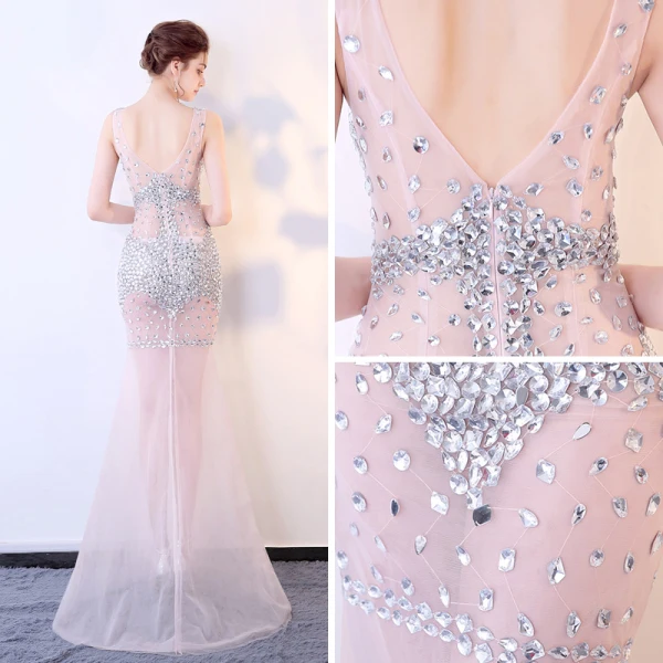 Sexy Rougissant Rose Transparentes Robe De Soirée 2018 Trompette / Sirène V-Cou Sans Manches Faux Diamant Train De Balayage Dos Nu Robe De Ceremonie