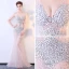 Sexy Rougissant Rose Transparentes Robe De Soirée 2018 Trompette / Sirène V-Cou Sans Manches Faux Diamant Train De Balayage Dos Nu Robe De Ceremonie
