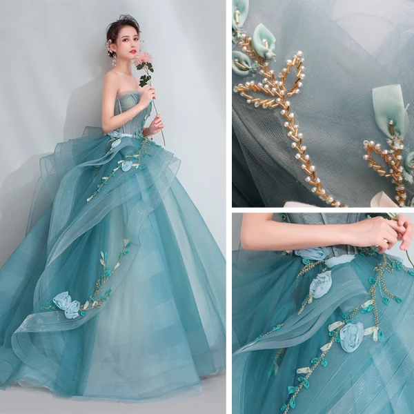 High-end Jade Green Prom Dresses 2020 Ball Gown Sweetheart Sleeveless Appliques Lace Beading Sweep Train Ruffle Backless Formal Dresses