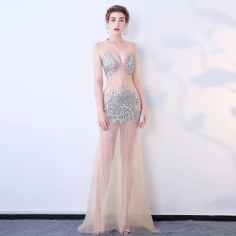 Sexy Champagne See Through Evening Dresses 2018 Trumpet Mermaid V Neck Sleeveless Rhinestone Sequins Sweep Train Backless Formal Dresses