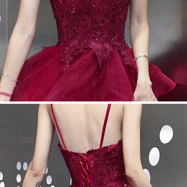 Sexy Burgundy Evening Dresses  2020 A-Line / Princess Spaghetti Straps Sleeveless Appliques Lace Beading Floor-Length / Long Ruffle Backless Formal Dresses