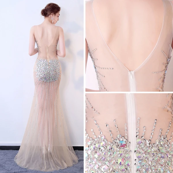 Sexy Champagne Transparentes Robe De Soirée 2018 Trompette / Sirène V-Cou Sans Manches Faux Diamant Paillettes Train De Balayage Dos Nu Robe De Ceremonie
