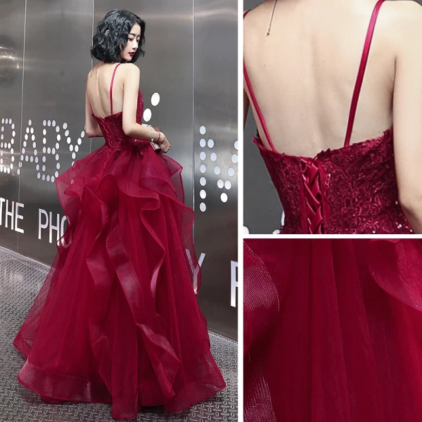 Sexy Burgundy Evening Dresses  2020 A-Line / Princess Spaghetti Straps Sleeveless Appliques Lace Beading Floor-Length / Long Ruffle Backless Formal Dresses