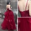 Sexy Burgundy Evening Dresses  2020 A-Line / Princess Spaghetti Straps Sleeveless Appliques Lace Beading Floor-Length / Long Ruffle Backless Formal Dresses